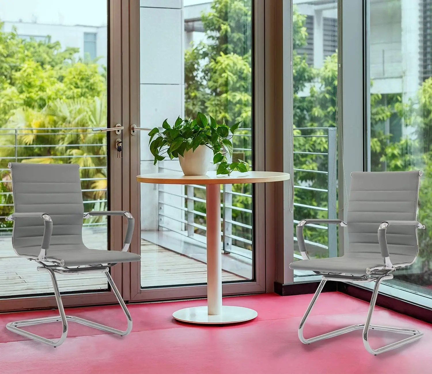 Office Desk Chair Set of 8,No Wheels PU Leather Computer Chairs Mid Back Guest Chairs with Seld Base for School/Reception/Confer 5
