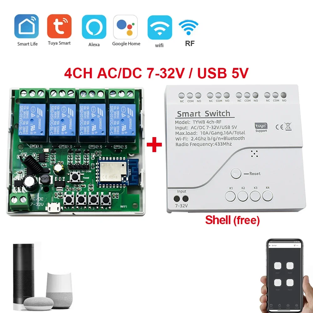 Tuya Wifi RF 4 Channel Module 85-265V Smart Switch Tuya Zigbee Garage Door Switc