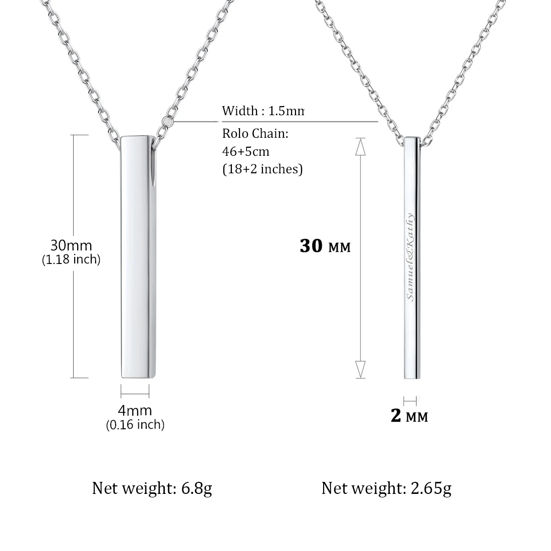 U7 925 Sterling Silver 2/4mm Vertical Bar Pendant Necklaces for Woman Personalized Name Date Coordinates Jewelry for Her pendant necklace silver necklace
