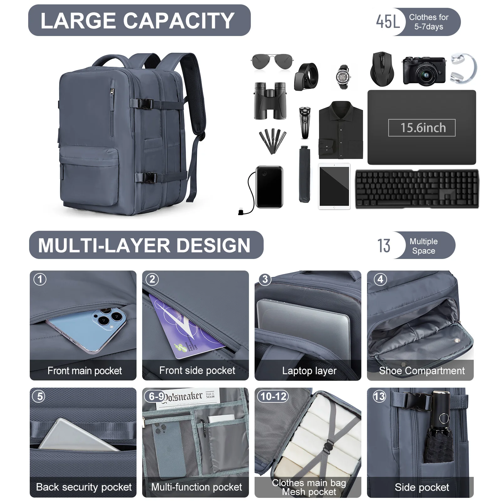Travel Laptop Backpack for Women & Men College Expandable USB Bag Large Capacity 17.3  Waterproof Outdoor Shoe Storage Man's Bag