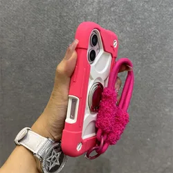 Deluxe Heavy Duty Ring Holder Lanyard Case with Armor Protection - iPhone 18 (GS  HotPinkWhite)