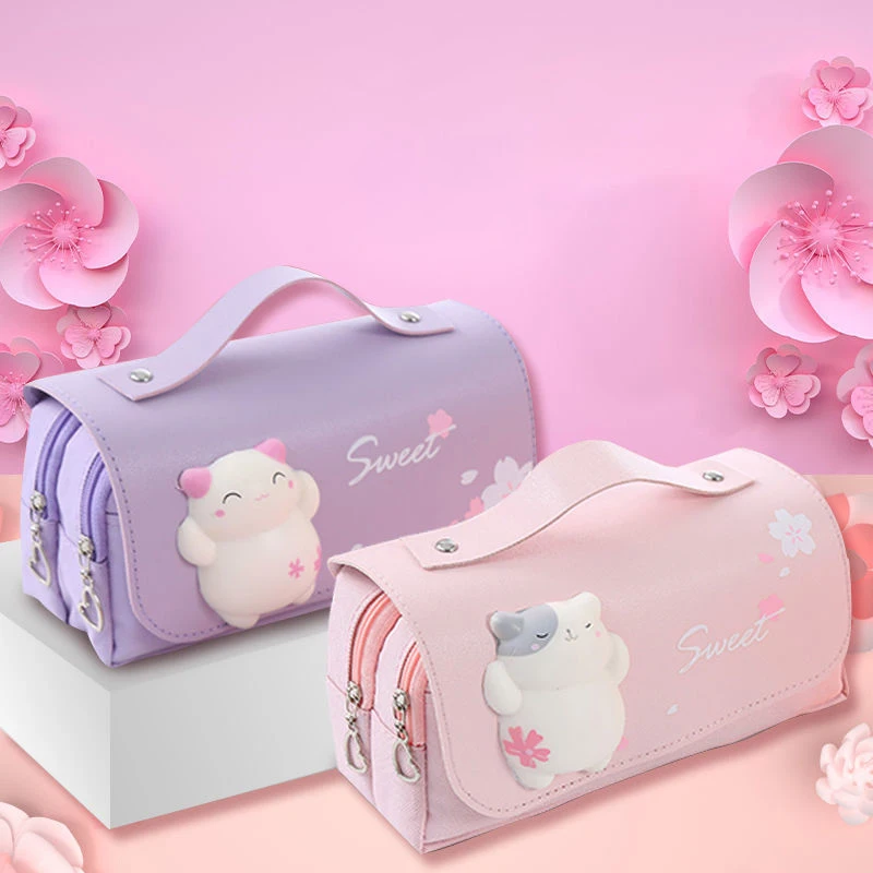 Pencil Case Big Portable Girls Pen Bag Double Layer School Pouch Kawaii Cat Large Capacity Stress Relieving