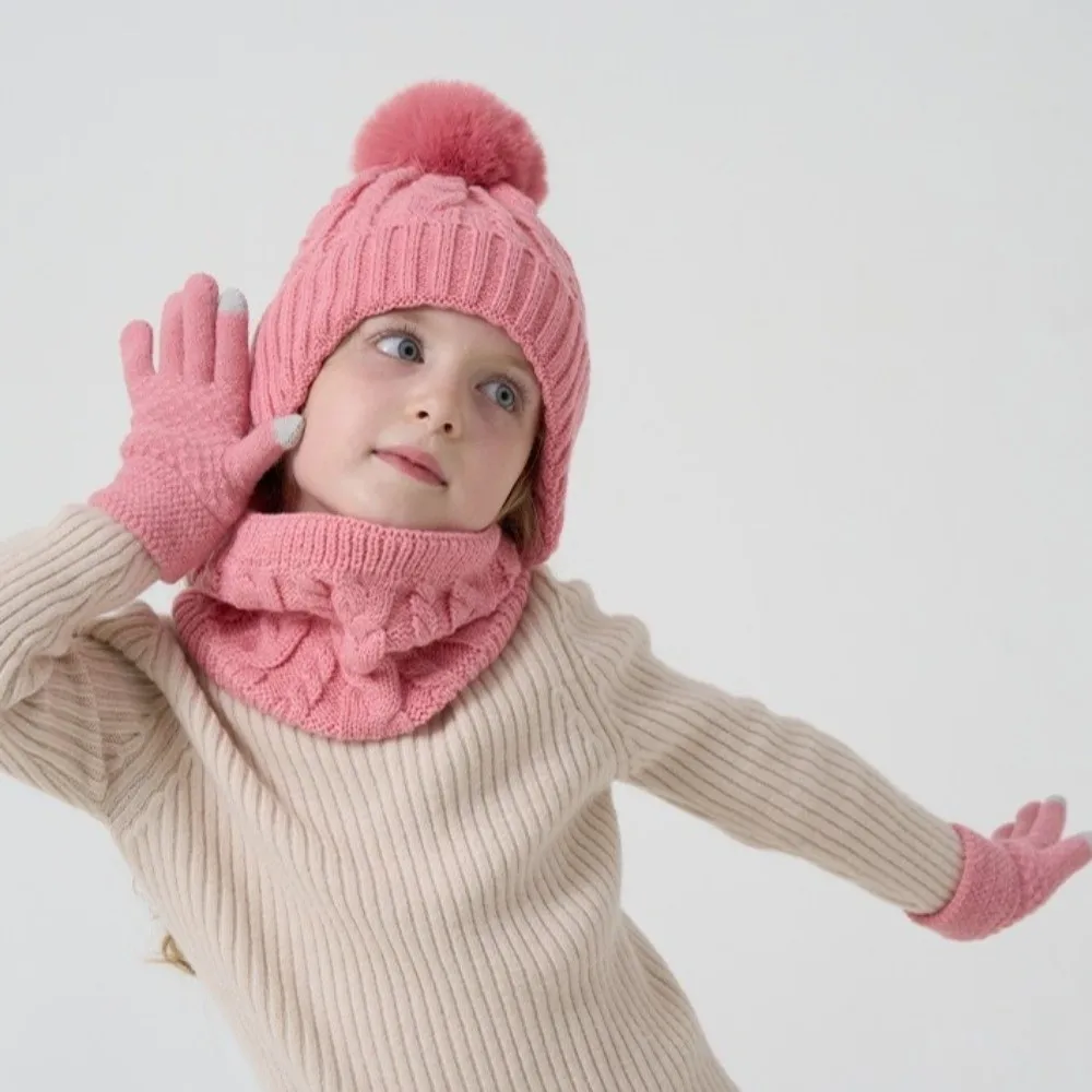 Soft Solid Color Baby Hat Scarf Gloves Set Cute Pompom Warm Ears Toddler Knitted Hats Thickened with Velvet Hat Set Outdoor