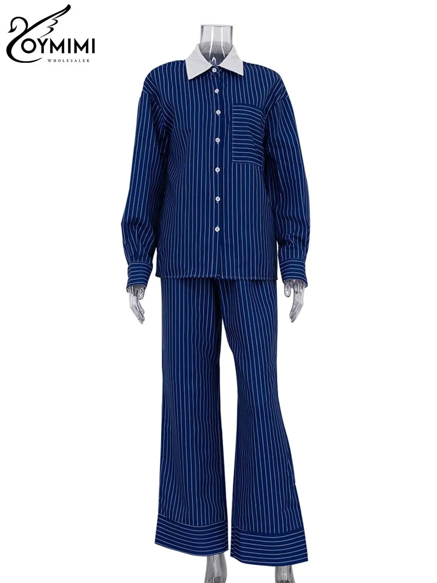 Oymimi Casual Blue Print 2 Piece Sets Women Outfit Elegant Long Sleeve Pockets Blouses And High Waist Straight Trousers Sets