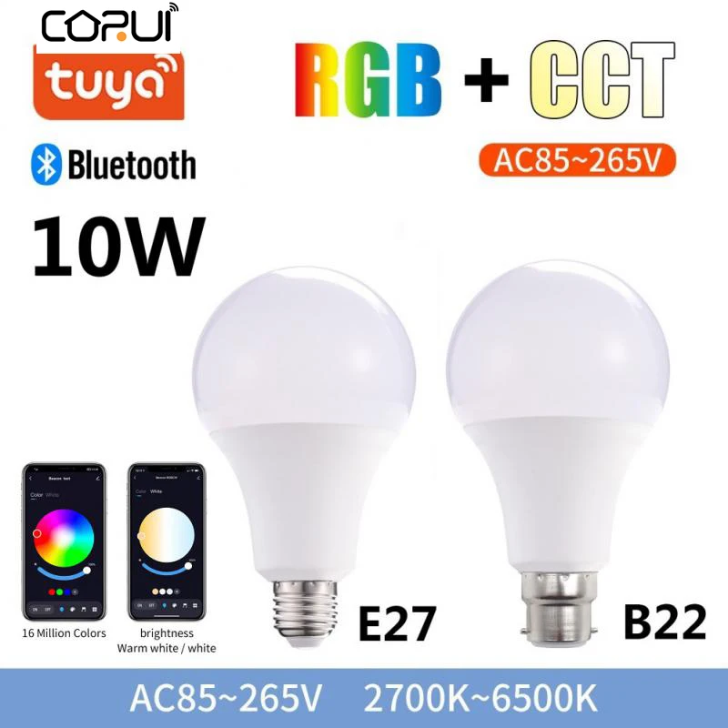 15W Tuya Smart LED E26/E27/B22 RGBW Bluetooth Smart Light WIFI Bulb AC85-265V Changing Lampada RGB + CCT Decor for Home