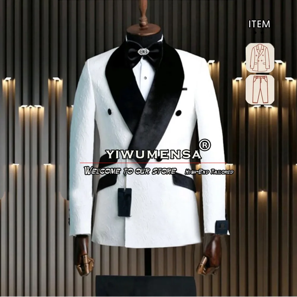 Groom Wear Wedding Suits For Men Black Velvet Lapel White Floral Jacket Pants 2 Pieces Boyfriend Marriage Clothing
