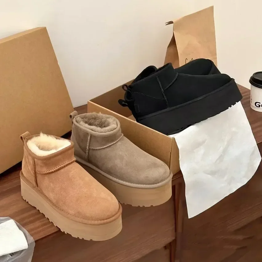 Botas De Plataforma De Piel De Oveja De Castaño Acogedoras Para Niños