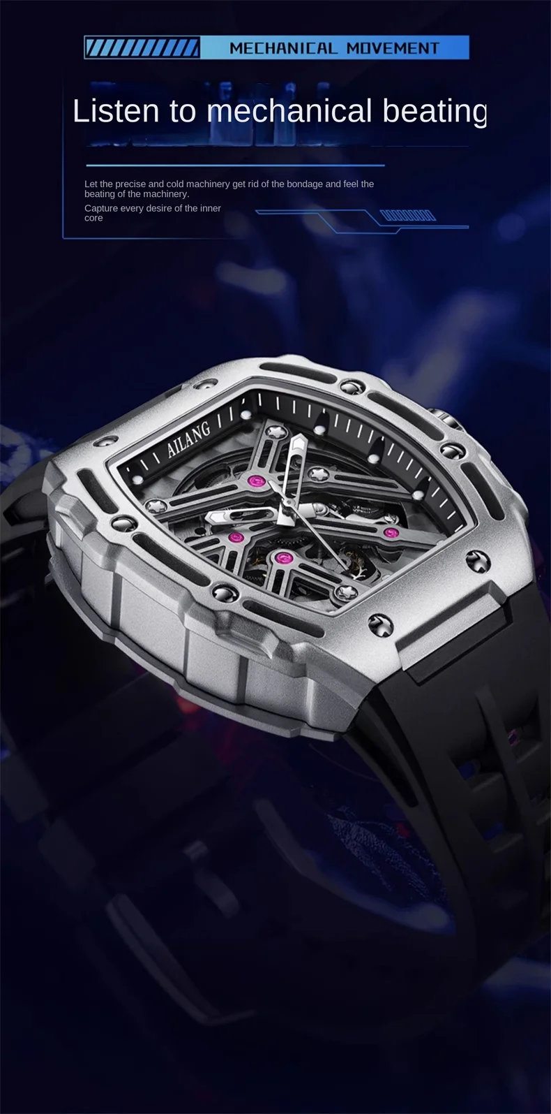 AILANG Nuovo orologio da polso sportivo meccanico scheletrato in acciaio inossidabile, orologio automatico impermeabile, orologi da uomo di marca superiore, Reloj Hombre_voghion.com