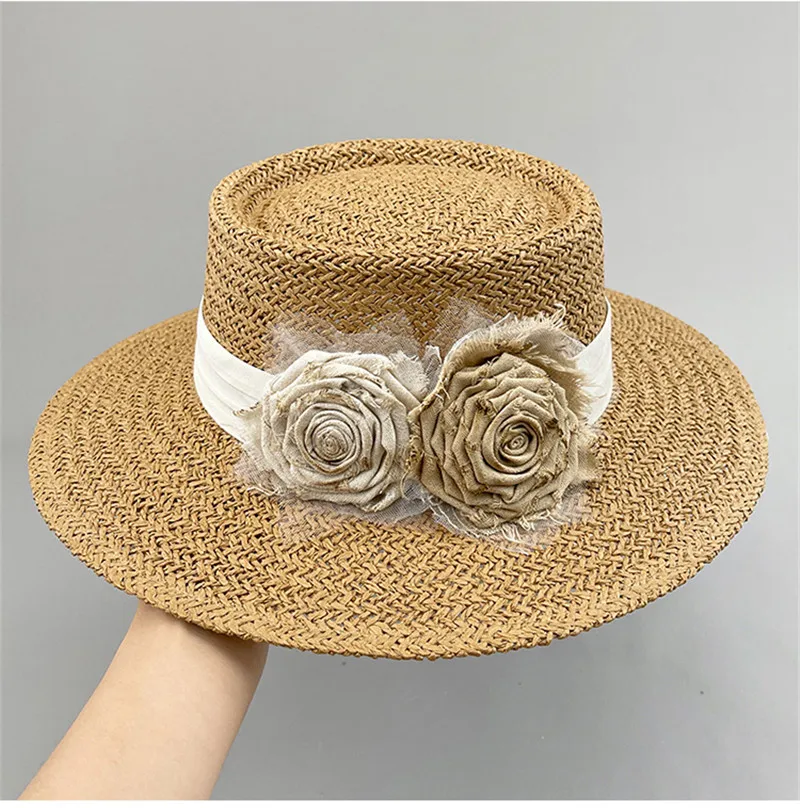 

202309-shi ins chic Dropshipping Burnt handmade roses designer style paper grass lady fedoras cap women leisure panama jazz hat