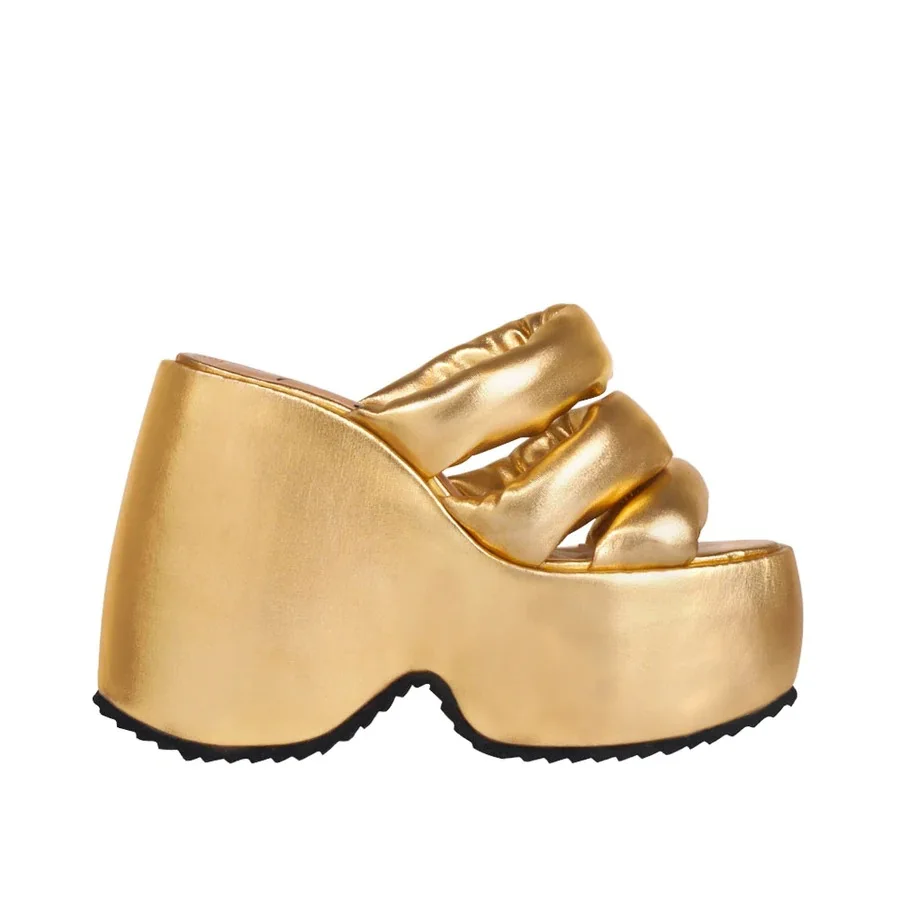 European and American Fashion Round Toe Straight Line Thick Sole Sloping Heel High Heels Women's Shoes Sandals and Slippers