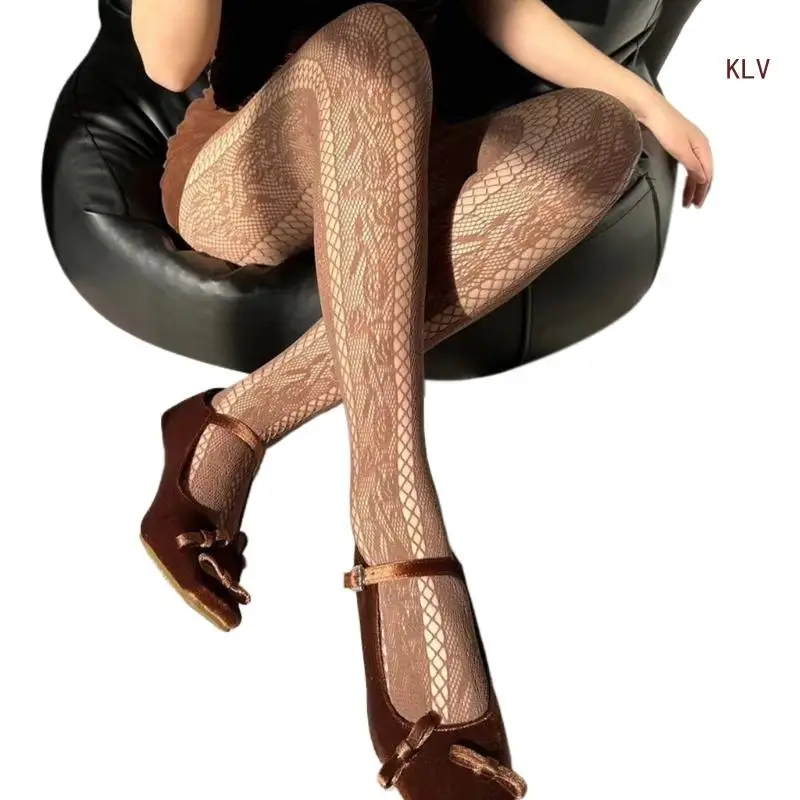 Women Sexy Sheer Mesh Tights Rose Flower Jacquard Patterned Fishnet Stockings Side Hollow Out Striped Pantyhose Leggings