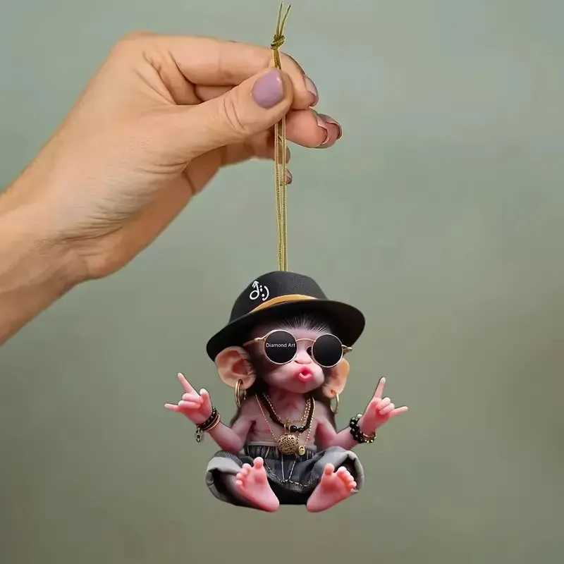 2D 원숭이 모양의 자동차 펜던트 매달려 장식 체인 현실적인 동물 백미러 매달려 장식 자동차 인테리어 액세서리