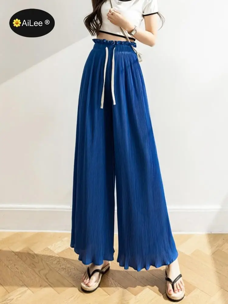 Lady Streetwear Wide Leg Pants Women Chic Korea Pleated Elastic High Waist Loose Trousers Summer Casual Flowing Chiffon Pants