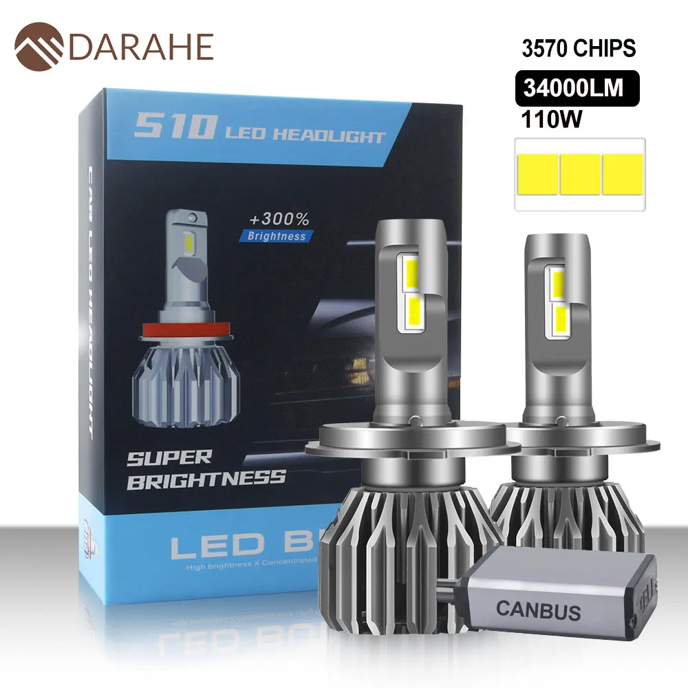 

DARAHE 34000LM 110W H7 LED Canbus Headlight H4 H1 H8 H9 H11 9005 9006 Hb3 HB4 9012 Led Bulb Turbo Lamp For Car 6000K 12V