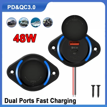 New Dual USB Car Charger Socket QC PD Quick Charge with Sliding Cap 12V/24V 48W Fast Charger Power Outlet for Car Boat Bus, RV 1