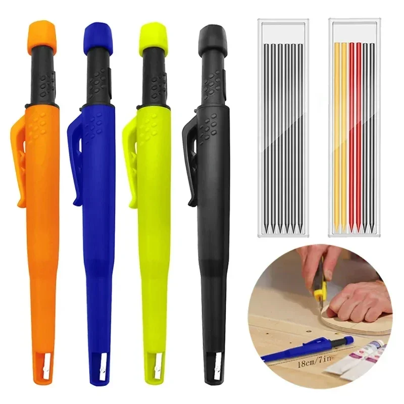 Solid Carpenter Pencil Set Deep Hole Mechanical Pencil Marker Built in Sharpener One-piece Design Pen Cap Stationery Supplies 2