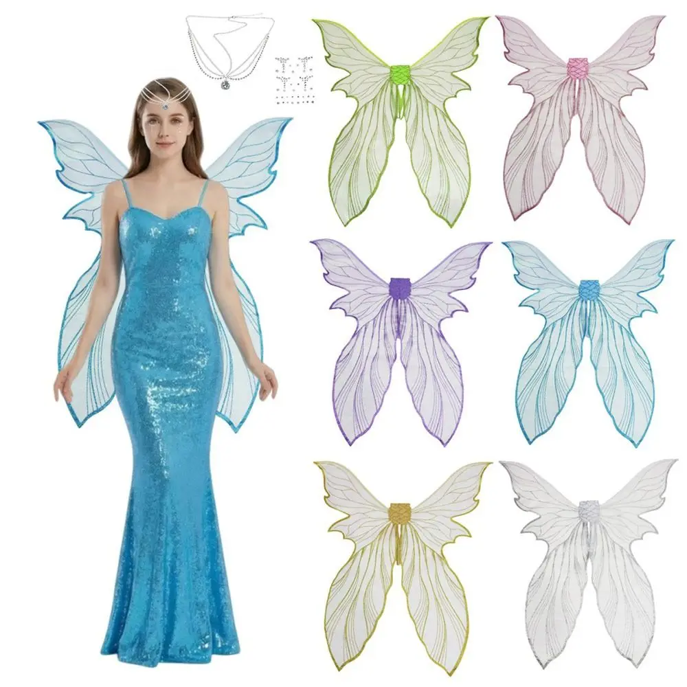 Fantasy Meerjungfrauen-Feenflügel mit Aufklebern Kopfschmuck Schmetterlingskostüm Flügel Bunte Verkleidungsflügel für Frauen Mädchen