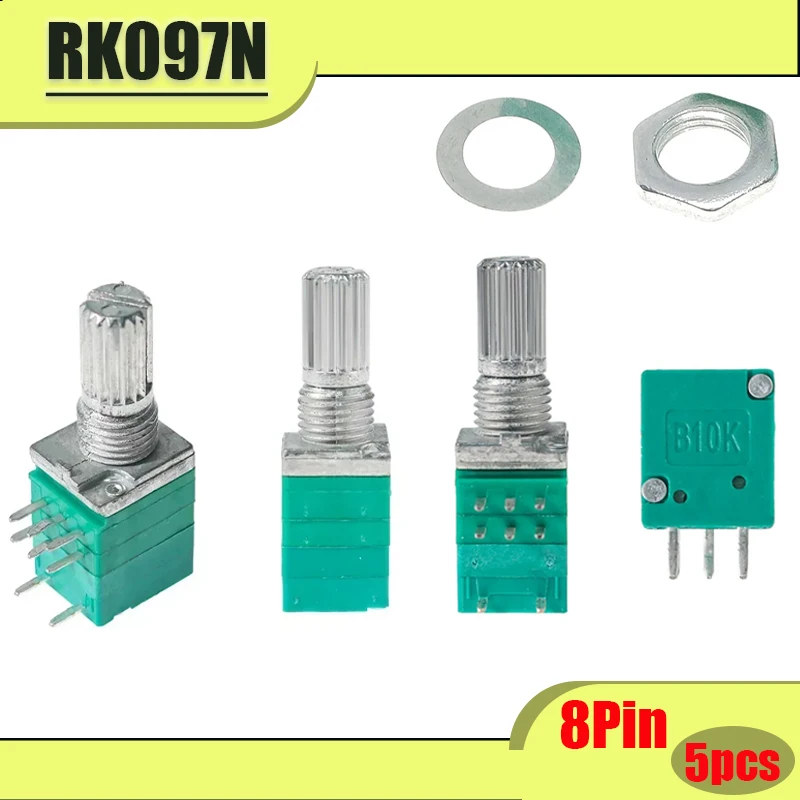 5PCS RK097N Dual 8 Pin Potentiometer 15mm Shaft B10K B5K B20K B50K B100K for Audio Amplifier Sealed Potentiometers Resistor