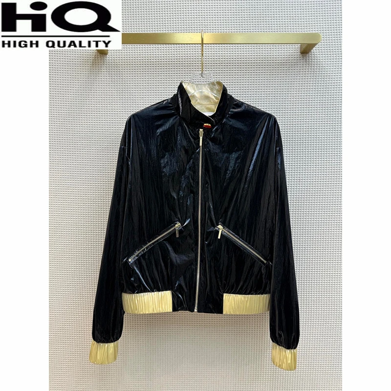 

Women Black / White Comfortble Loose Thin Zipper Stand Collar Short Jacket