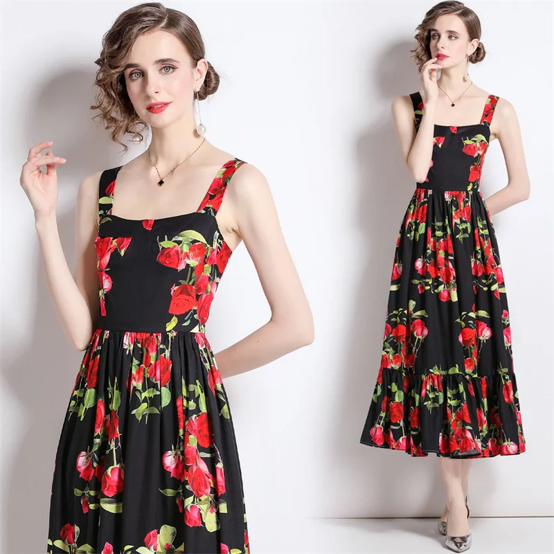 

Skinny Trendy Midi Sleeveless Softerbable Sundress Feminino Big Red Flower Pattern Sexy Backless Cute Chiffon Summer Vestidos