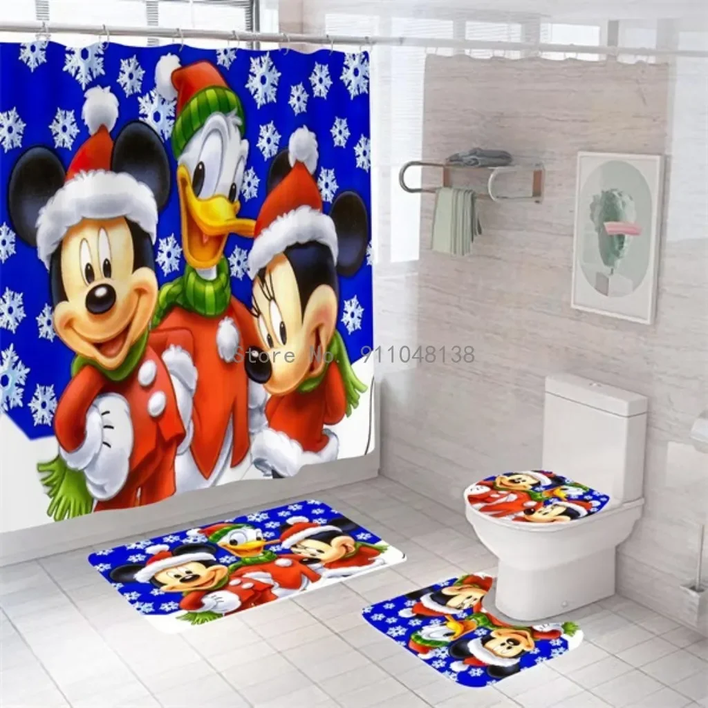 4pcs Disney Mickey Mouse Print Shower Curtain Carpet Colorful Toilet Cover Bath Mat Rug Pad Set Bathroom Curtain Hooks