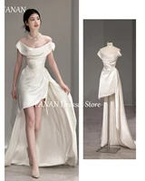 FANAN Korea Sheath Ivory Off the Shoulder Wedding Dresses Satin Backless Hi-Lo 웨딩드레스  Ruched Customized Bride Gowns Plus Size 1