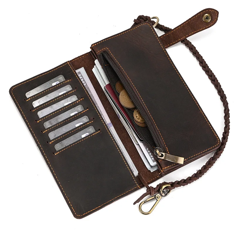 Vintage Crazy Horse Leather Long Wallet with Chain for Men, RFID Blocking Wallet