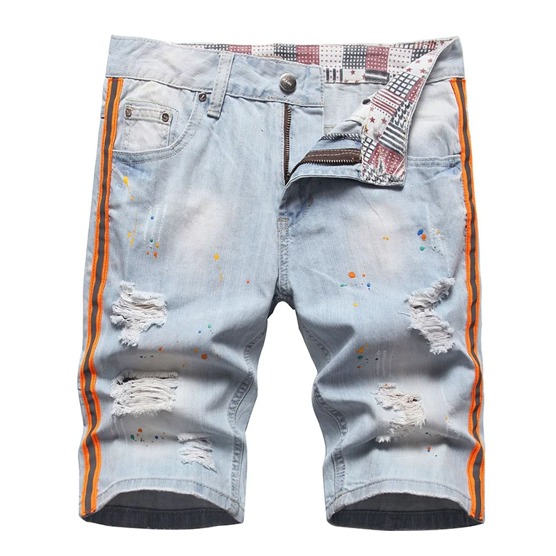 Summer New Mens Ripped Short Jeans Brand Clothing Bermuda Cotton Side Stripe Fluorescent Shorts Breathable Denim Shorts