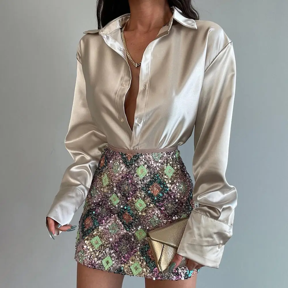 

Lightweight Women Shirt Women Long Sleeve Shirt Elegant Silky Satin Long Sleeve Cardigan for Women Smooth Single-breasted Blouse