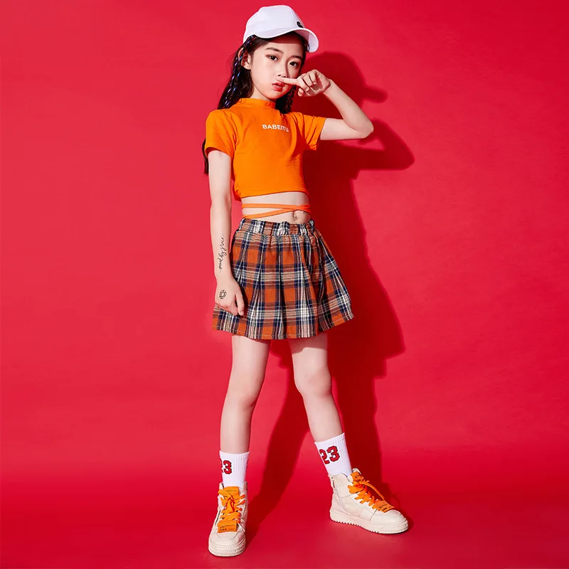 

Kids Hip Hop Outfits Girls Orange Crop Top Plaid skirt Summer Streetwear Teens Dance Costume 4-16Y
