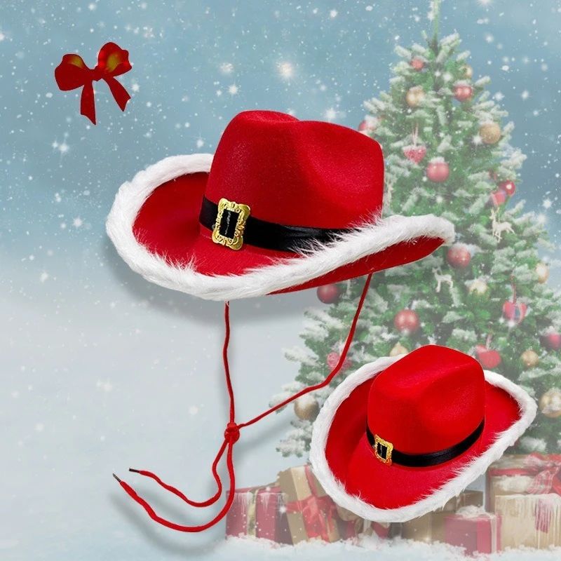 New Big Red Gold Metal Buckle Christmas Cowboy Hat for Men and Women's Festival Celebration Decoration Creative Fun Dressing