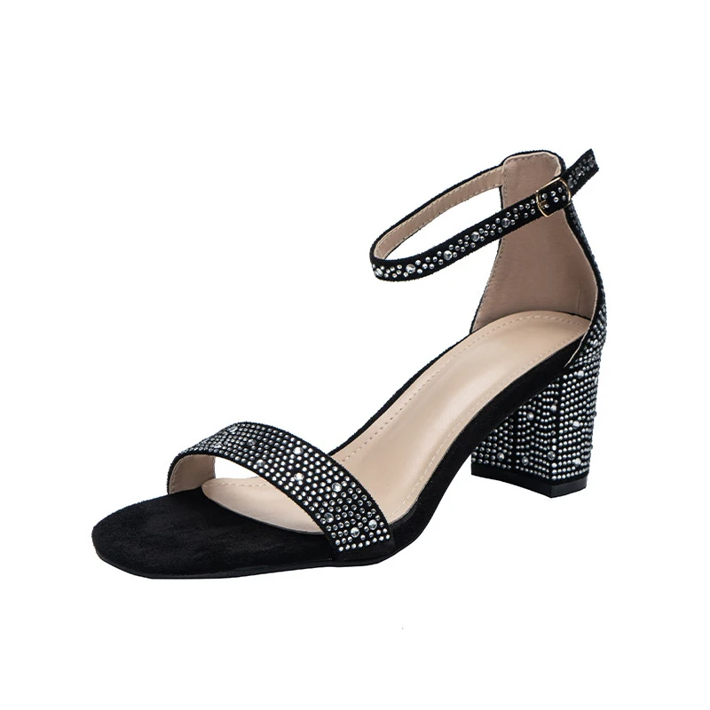 

2023 Dream Rhinestones Sandals Women Fashion Buckle Strap Chunky Heel Pumps Open Toe Sandals Female Summer Party Shoes