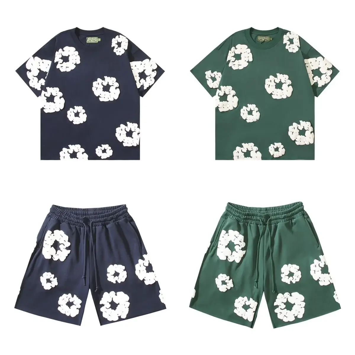 DENIM TEARS New Fashion Men's Women's Same Kapok Foam Printing Short-sleeved T-shirt with Shorts Set 6