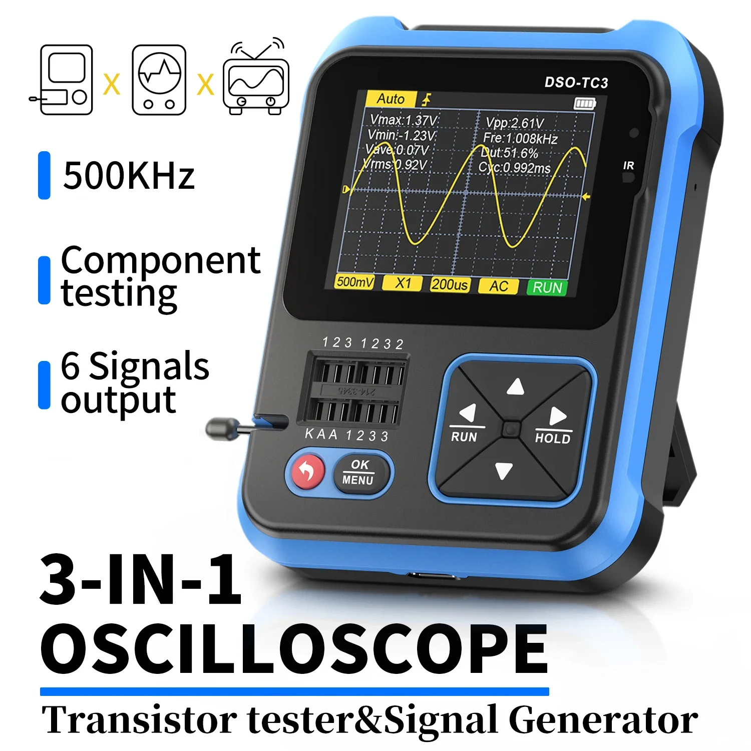 FNIRSI DSO-TC3 3 IN 1 Digital Oscilloscope Function Signal Generator Transistor Tester 500KHz 10MS/s Electronic Measuring Tester 6