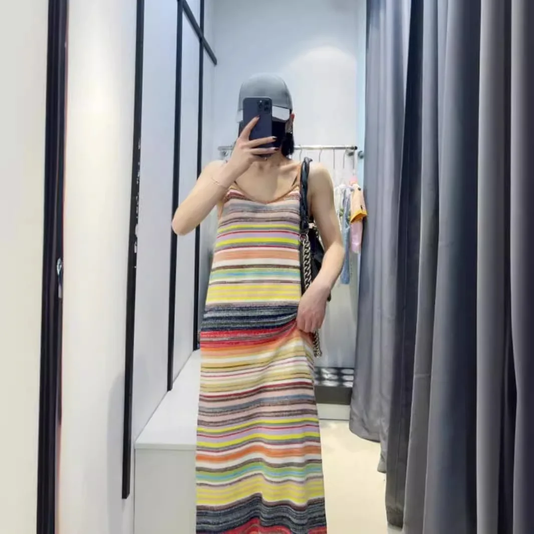 

Women's Knitted Long Dress Retro Stripes A-line Sleeveless Contrasting Sling Robe New Summer 2024