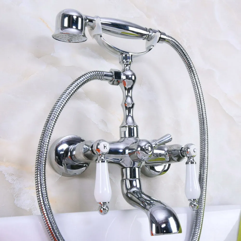 

Silver Chrome Brass Wall Mounted Bathroom Bath Tub Faucet Set WITH/ 150CM Handheld Shower Spray Head Mixer Tap Dna201