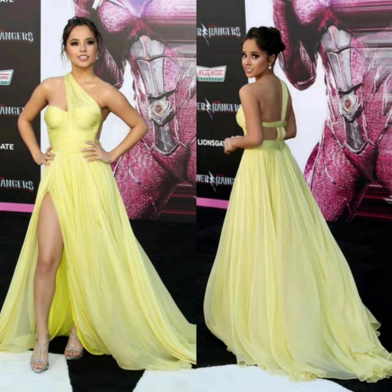 

Elegant Long Chiffon One Shoulder Celebrity Dresses With Slit A-Line Yellow Robe De Soiree Sweep Train Formal Dresses for Women