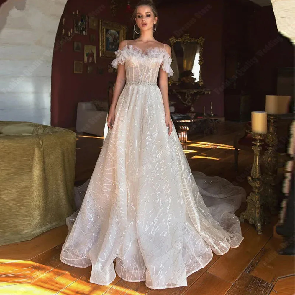 

Tulle Off The Shoulder Women Wedding Dresses Shining Surface Princess Bridal Gown Mopping Length Backless Lady Vestido De Novia