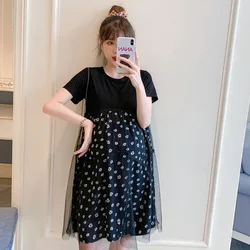 Maternity summer new fashion floral dress short sleeve pregnant women mesh dress plus size woman polka dot dress black wholesale
