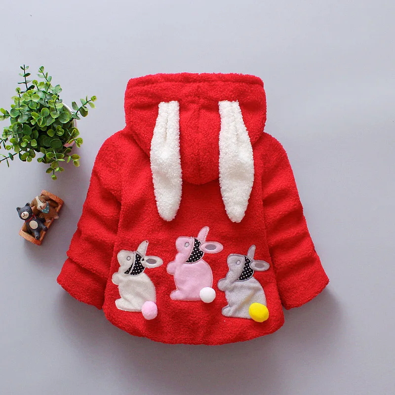 Autumn And Winter Korean Version Girls' Embroidered Coat Children's Plush Cute Hooded Bunny Ear Cotton Jacket