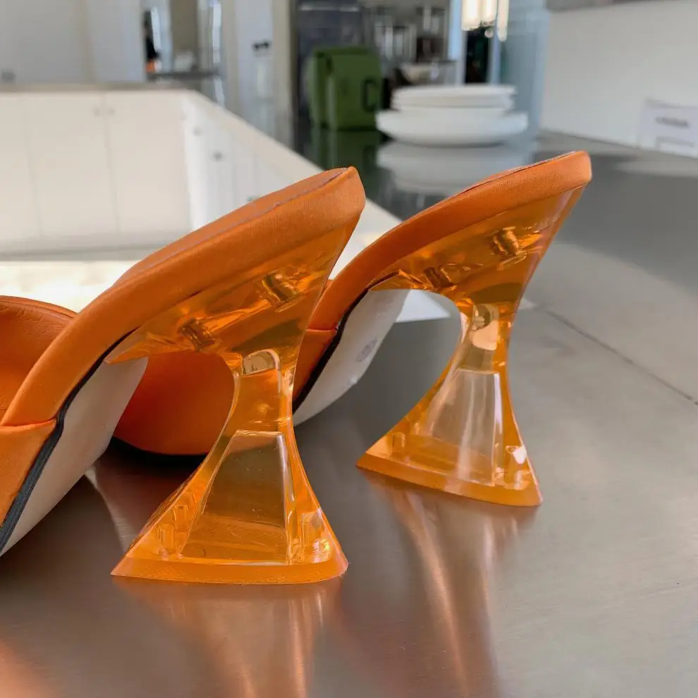 2022 Summer Luxury Women PVC Transparent Heels Slippers 8cm Crystal High Heels Slides Green Orange Peep Toe Slip on Slides Shoes