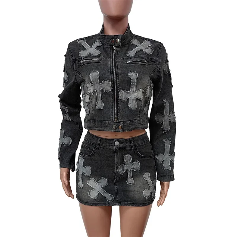 Women Stand-up Collar Zipper Jackets Patchwork Crosses Denim Suits Ultra Short Wrap Hip Skirt Female Casual Trend Two Piece Sets