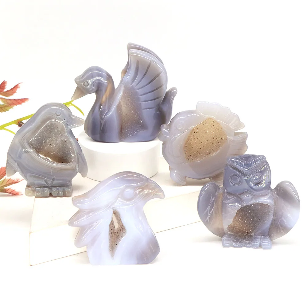 Swan Eagle Head Fish Owl Penguin Statue Natural Stone Gray Agate Geode Healing Crystal Carving Animal Figurine Crafts Home Decor