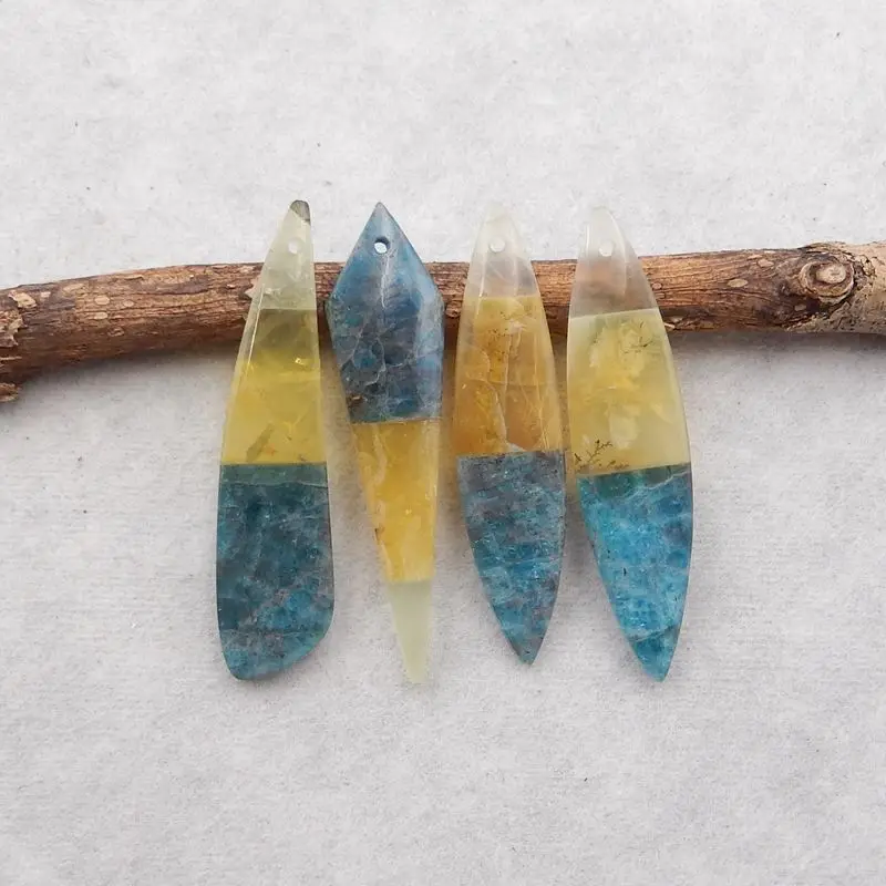 4Pcs Natural Stone Yellow Opal,Blue Apatite Crystal,Nephrite Jade Intarsia Necklace Accessories Pendant Beads 45x11x4mm 13g
