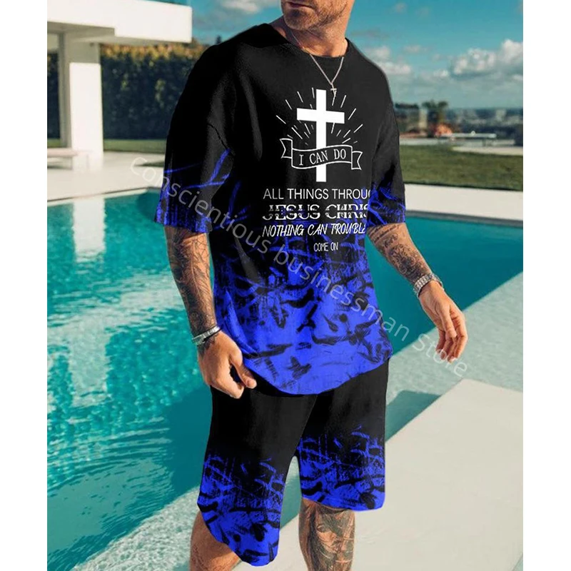 

2022 Summer Men's tracksuit set 3D Print Cross Set Men T-shirt Shorts Two-Piece Casual Jogging Set Training men's sets tee suit
