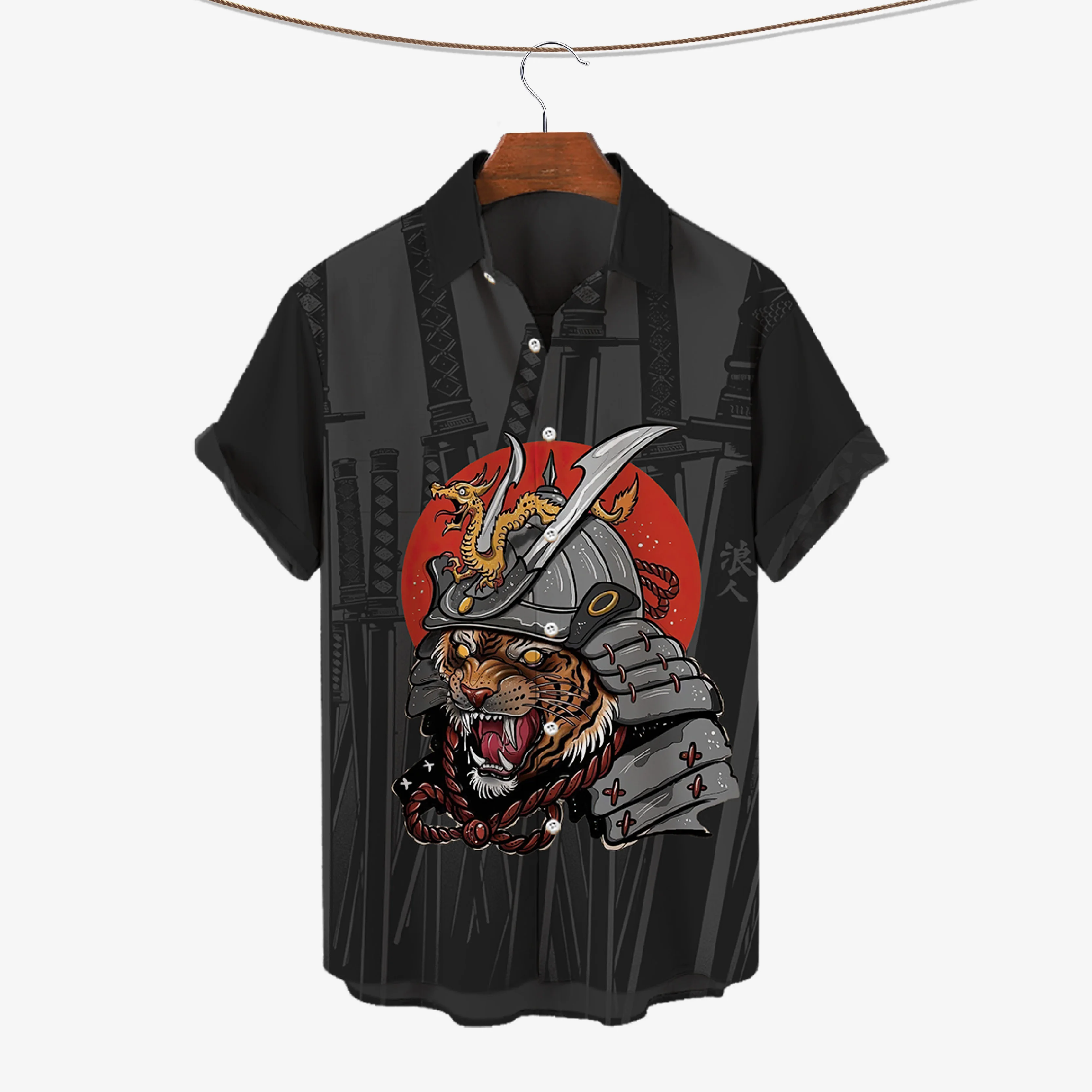 Summer Men's Shirt Samurai Short Sleeve Lapel Shirt For Men Street Fashion Male Clothing Cool Funny Blouse Casual Vintage Tshirt