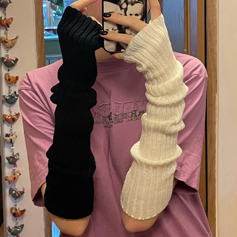 

1 Pair Fashion Gloves Women Warm Long Gothic Lolita Diy Knitting Glove Stretch Fingerlings Mittens Solid Classic Black Guard Arm
