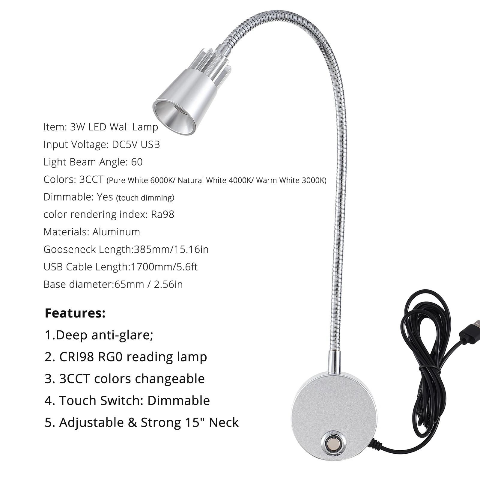 5V USB 3CCT 디밍이 가능한 벽 램프 CRI98 RG0 침대 옆 독서 램프 작업 스포트 라이트 15 Gooessneck 조절 가능