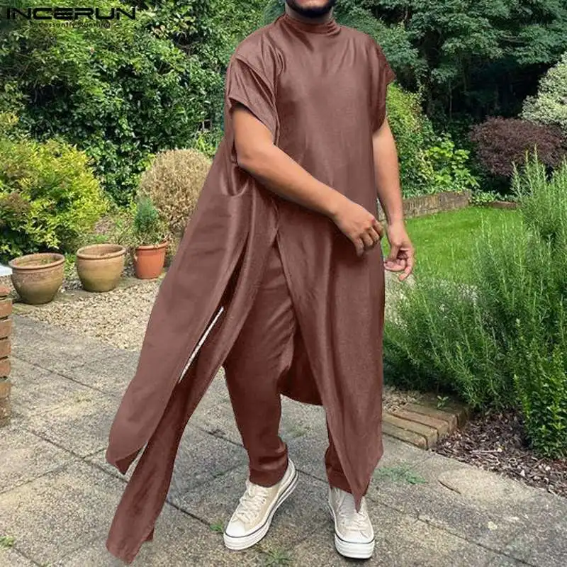 Muslim Style New Mens Sets INCERUN Solid Half High Collar Side Split Robe Pants Leisure Male All-match Two Piece Sets S-5XL 2023