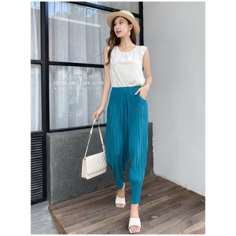 18 Color Spring High Elastic Waist Trousers Women's Pleated Harem Pants Casual Loose Pockets Fold Solid Color Pants autumn dress breathable vacation dress pockets spring autumn pleated loose hem solid color velvet maxi dress dressing up